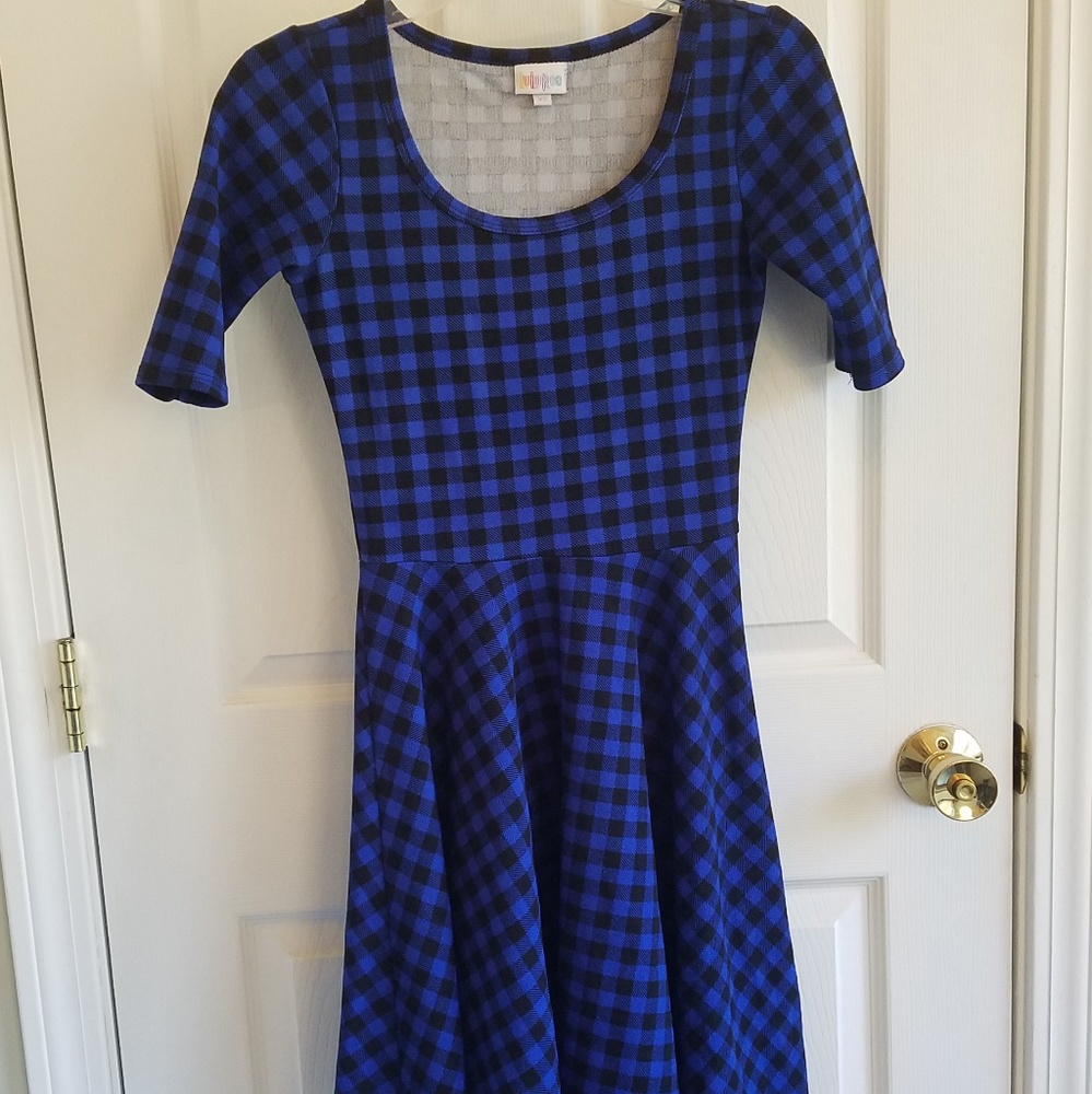 Lularoe Blue Black Check Plaid Fall Dress EUC XS